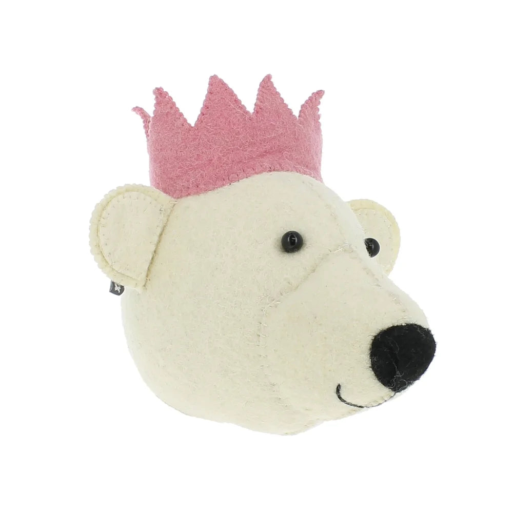 Animal Head Bear Head White with Pink Crown Mini - Fiona Walker England